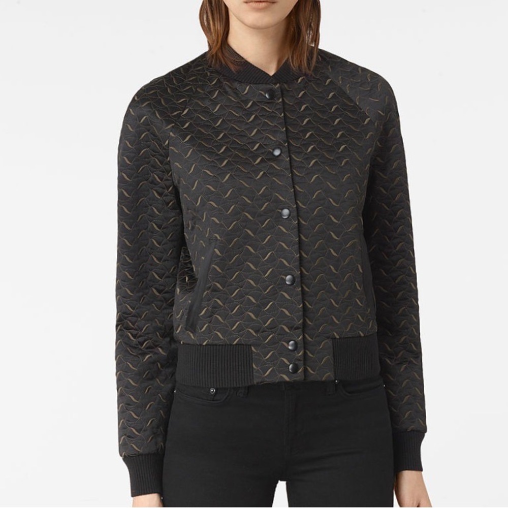 All saints silk bomber jacket - black with olive green accents